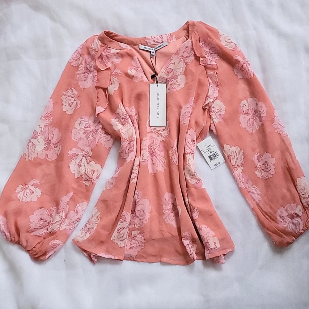 NWT! Fall Floral Women's Collective Concepts Blouse Bell Sleeve Peasant Top XS